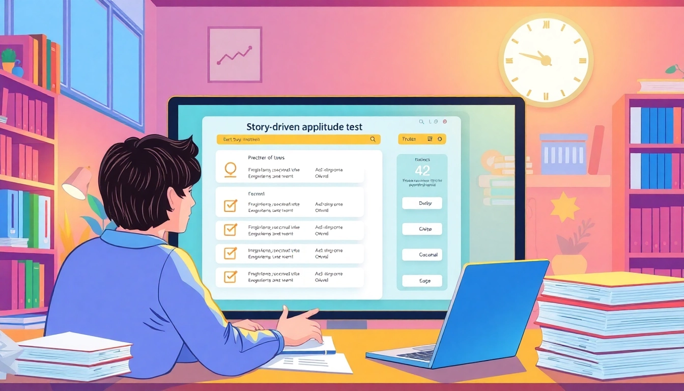 Anewaptitude story-driven tests engaging users in an interactive, modern learning environment with visual storytelling elements.