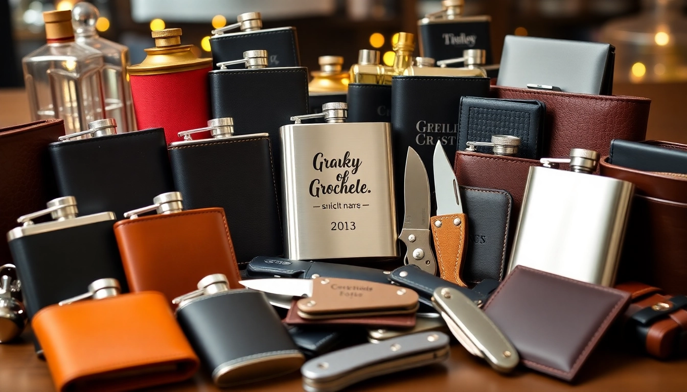 Explore a variety of cheap groomsmen gifts such as unique flasks and personalized wallets displayed attractively.