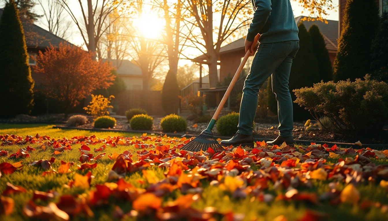 Engaging in fall clean up, a person rakes vibrant leaves in a picturesque yard.