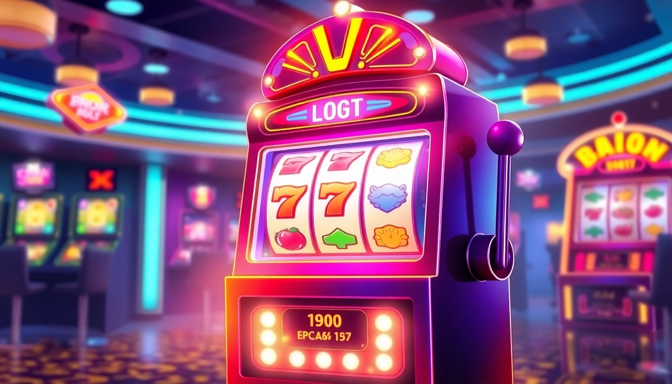 Play เว็บสล็อตทดลอง on an eye-catching slot machine surrounded by bright lights and vivid colors.