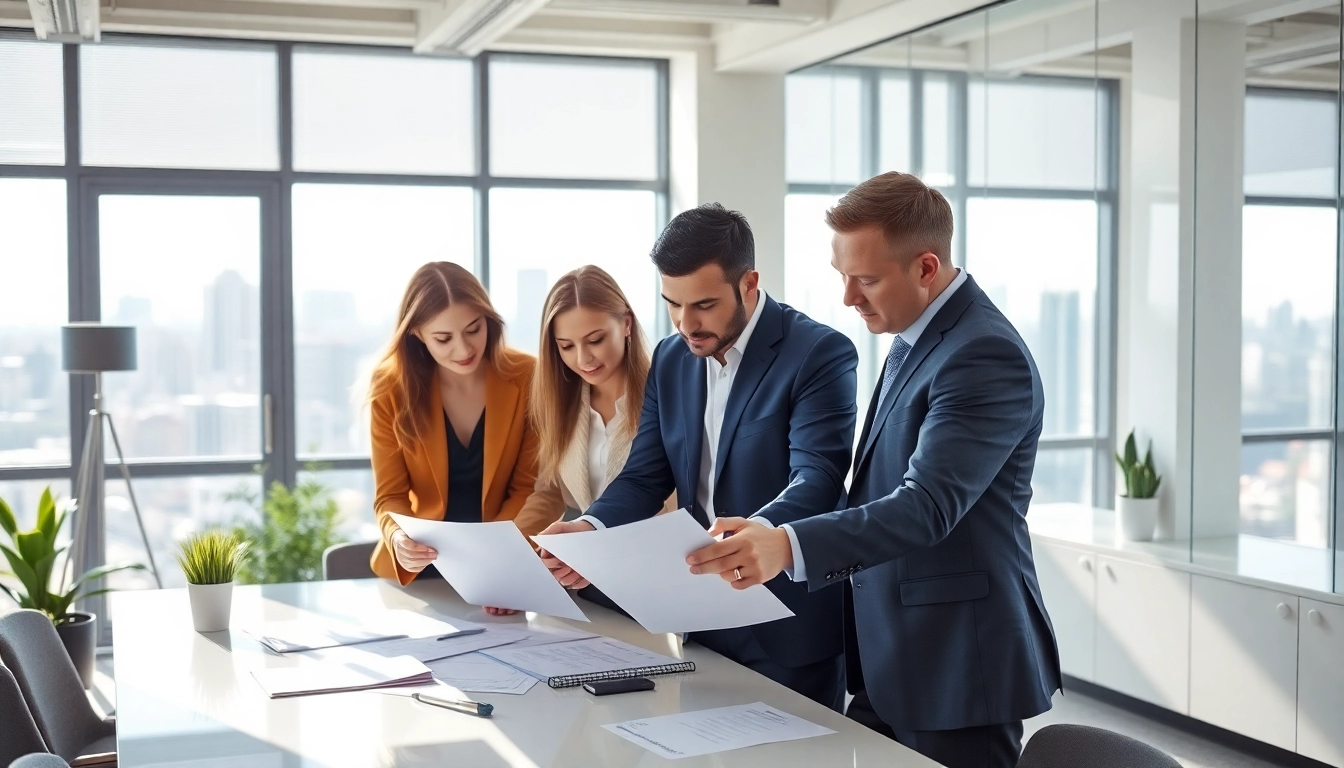 Real estate management team effectively discussing strategies in a modern office environment.