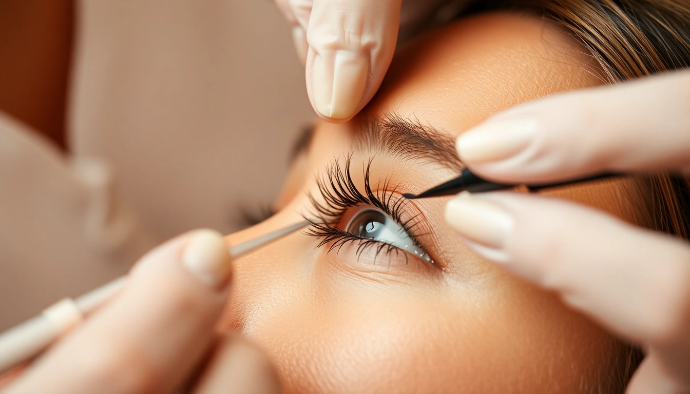 Applying eyelash tint for enhanced lash definition and color richness.