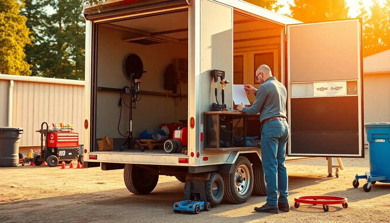 Mobile mechanic for trailers and buses performing repairs on-site, demonstrating expert skills and tools.