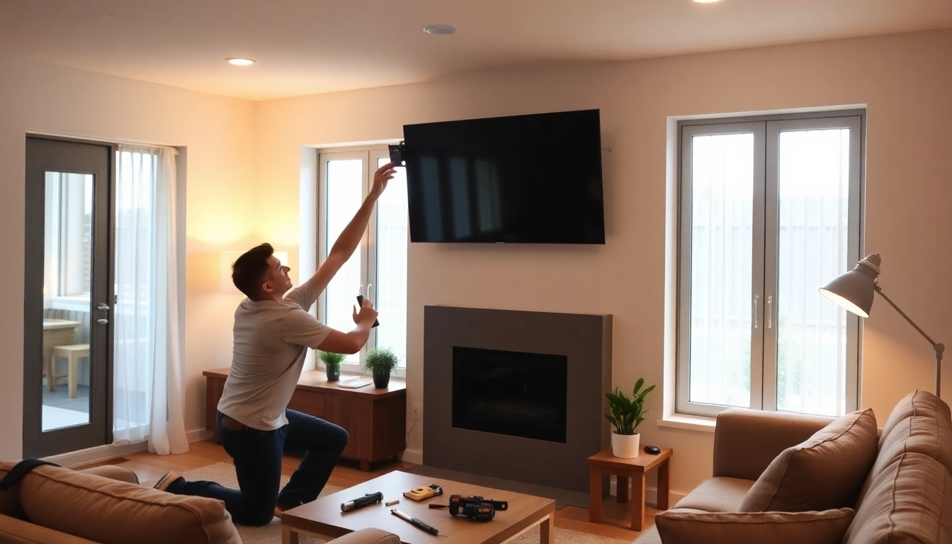 Professional TV mounting installation service setting up a large flat-screen TV on a wall.