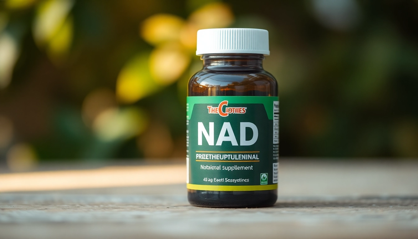 Showcase a bottle of NAD supplement surrounded by natural ingredients, promoting wellness and vitality.