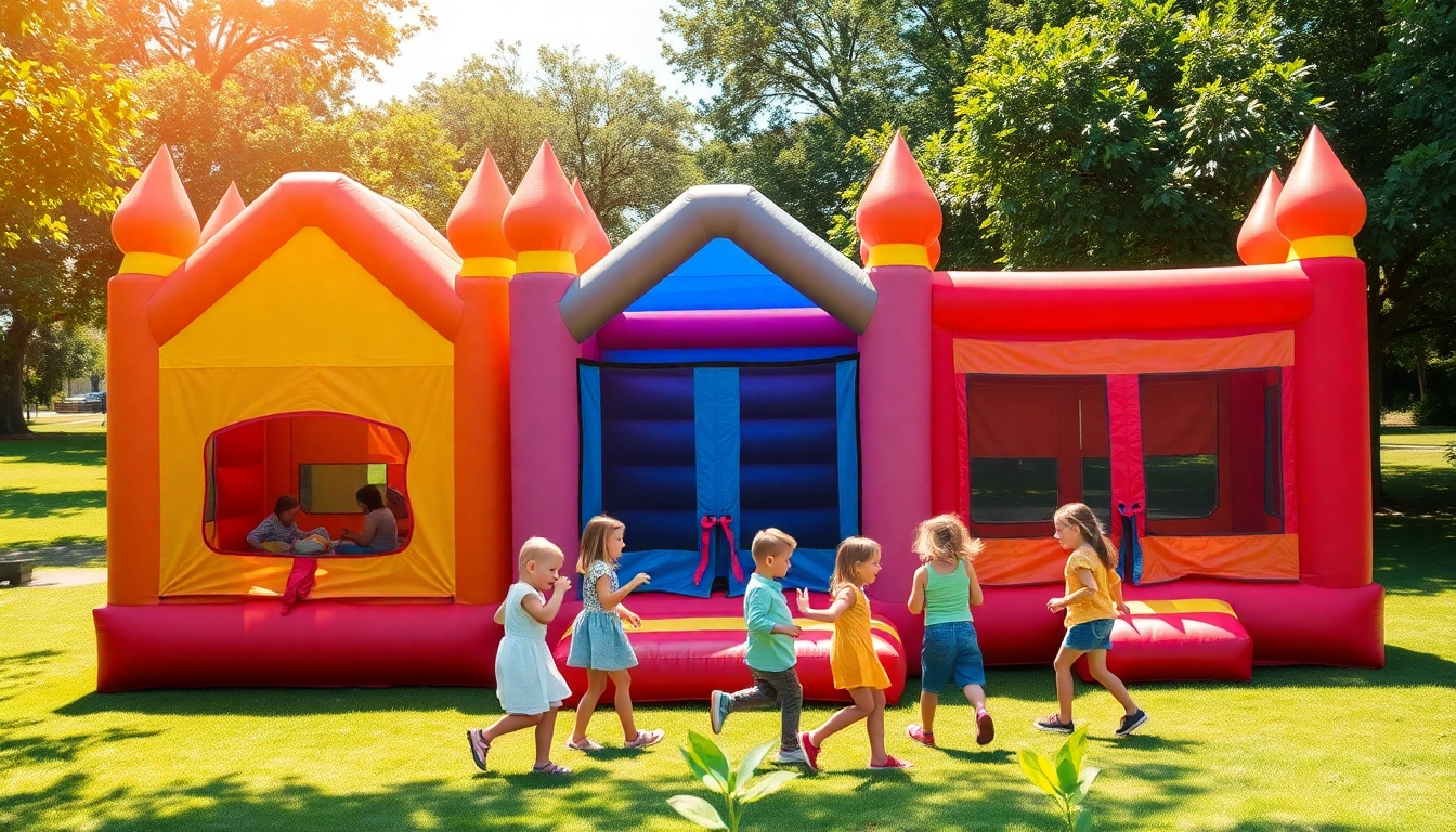 Bounce house rental near me features a vibrant inflatable playground with children enjoying a sunny day.