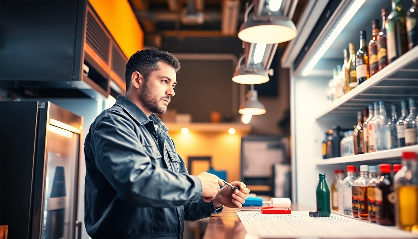 Skilled technician performing bar refrigeration repair in a well-lit workspace, demonstrating professionalism and expertise.