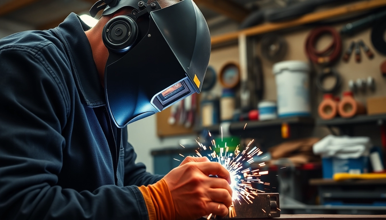 Welder demonstrating the use of essential welding supplies in a bright workshop setting.