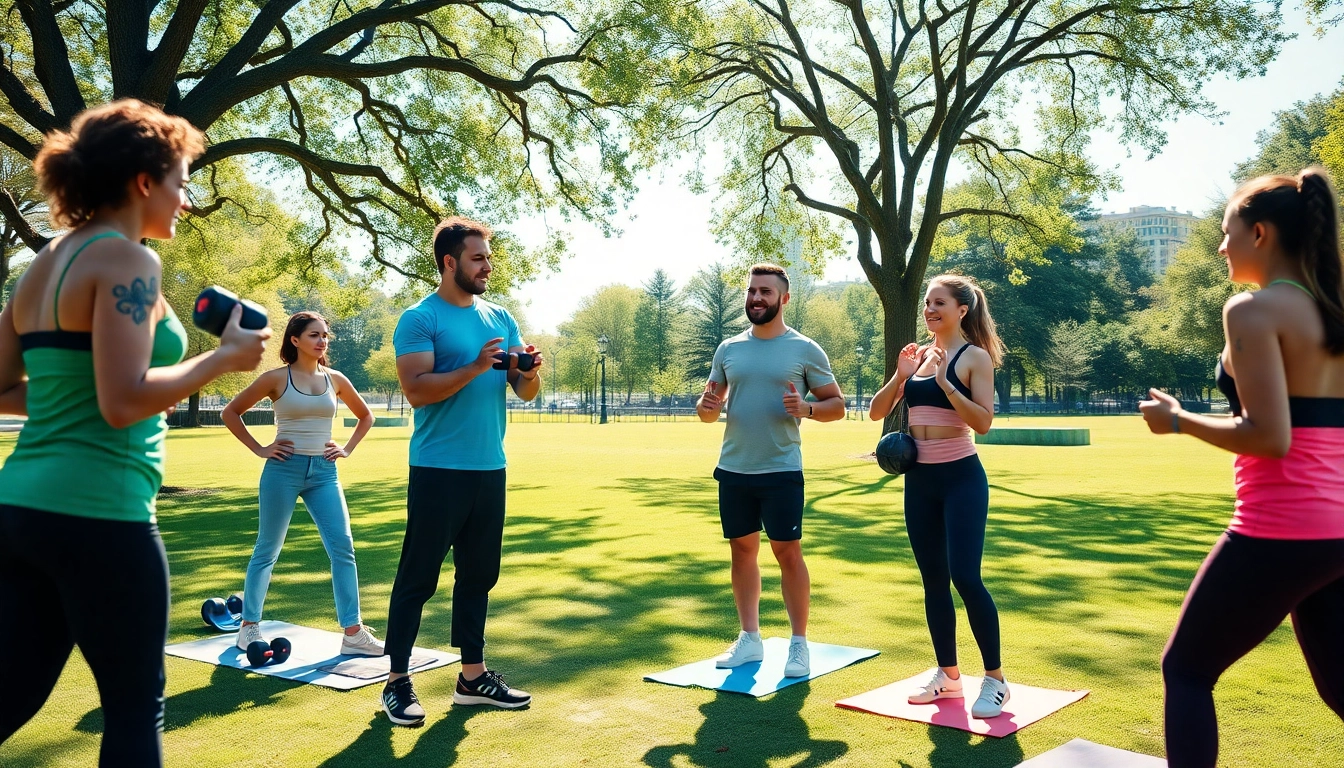 Best Fitness Trainer Jersey City motivating clients in a sunny park setting, showcasing an active group session.