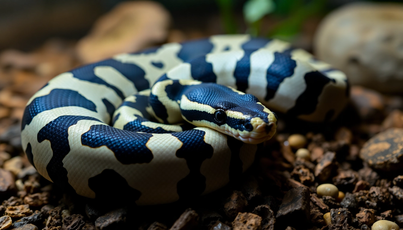 Admire the stunning panda pied ball python for sale, featuring sleek black and white patterns under soft lighting.