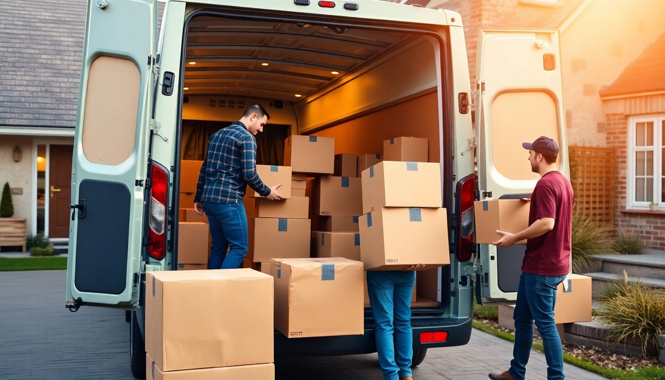 Moving crew from removal companies Bingley efficiently loading boxes into a van at a residential location.