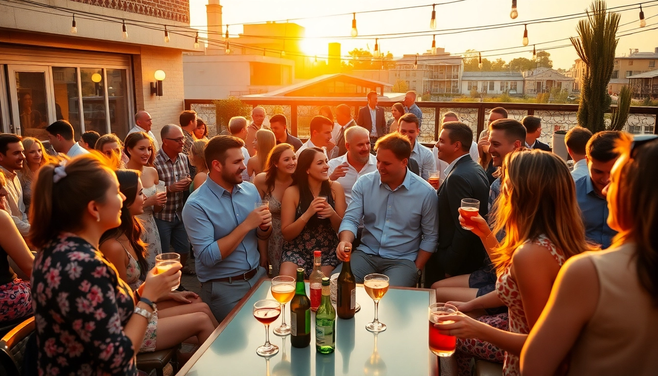 Attendees celebrating at a unique event with lively ambiance and elegant outdoor decor.